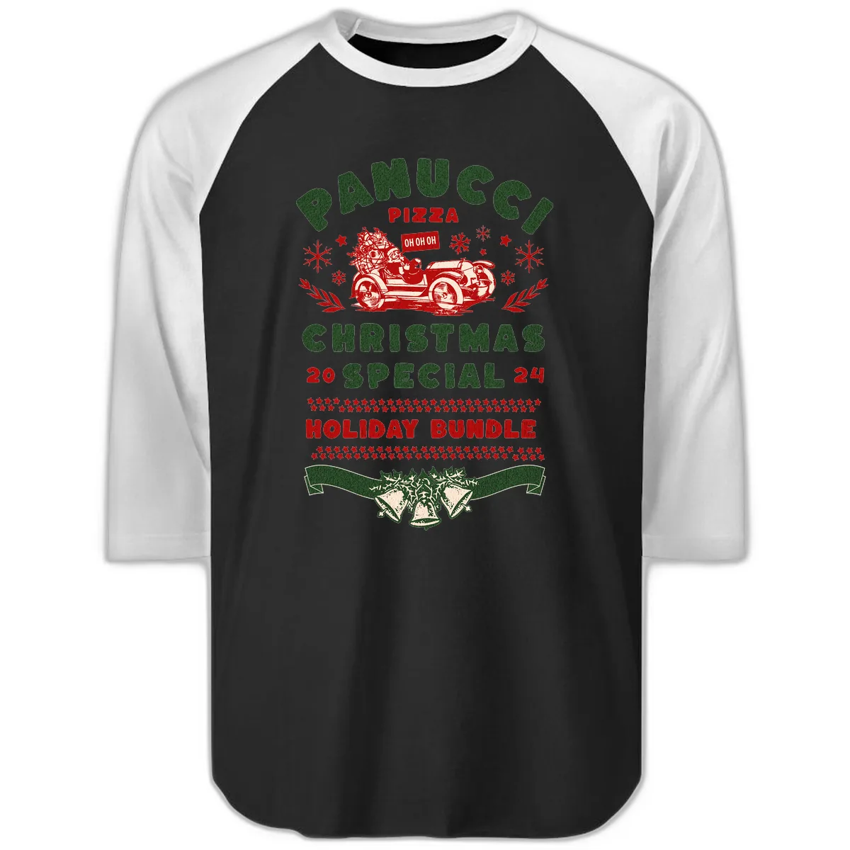Panucci Pizza Christmas Special Holiday Bundle Raglan 3/4 in Black White