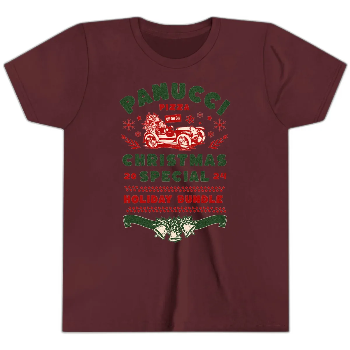 Panucci Pizza Christmas Special Holiday Bundle Youth T-Shirt in Maroon