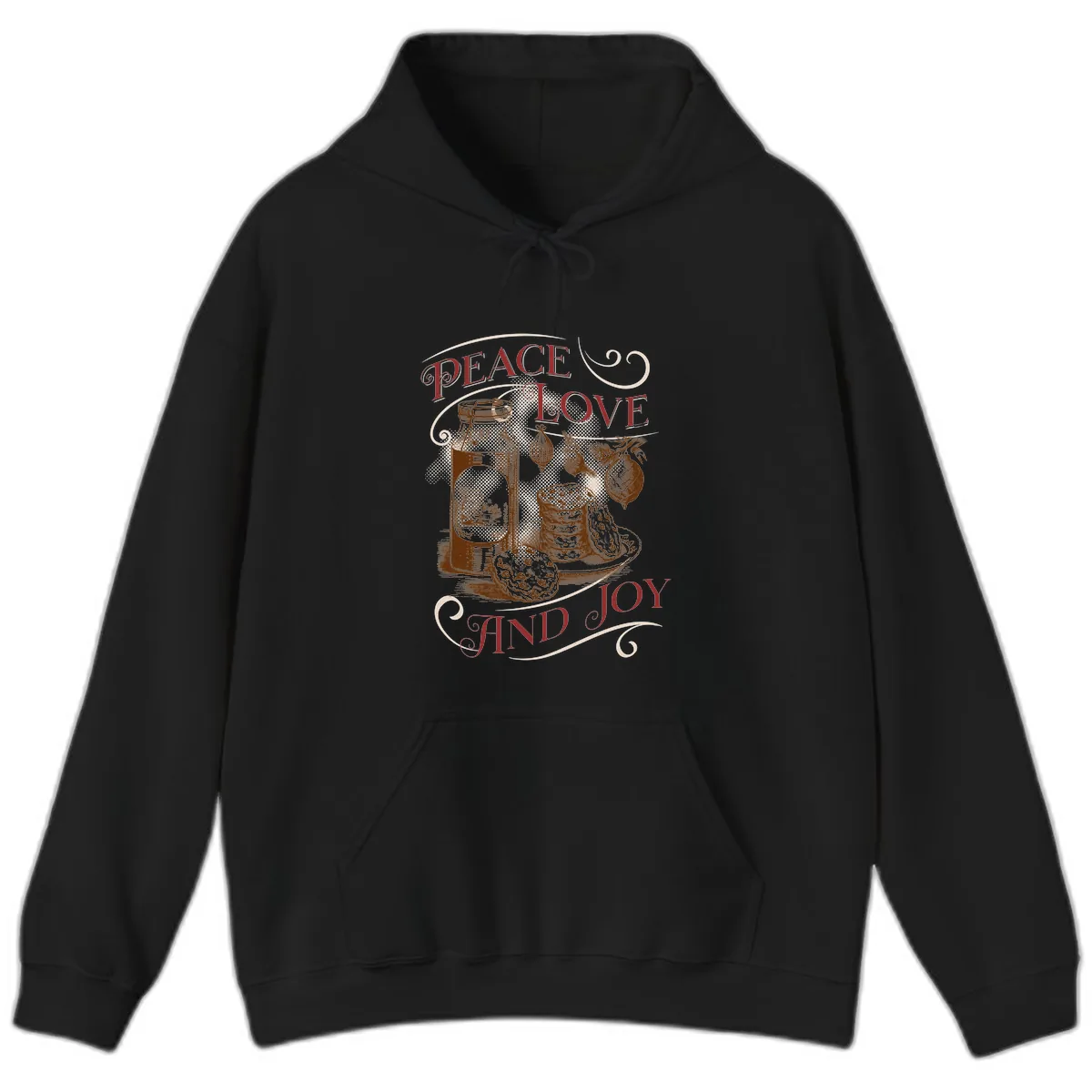 Peace Love And Joy Christmas Typography Hoodie in Black