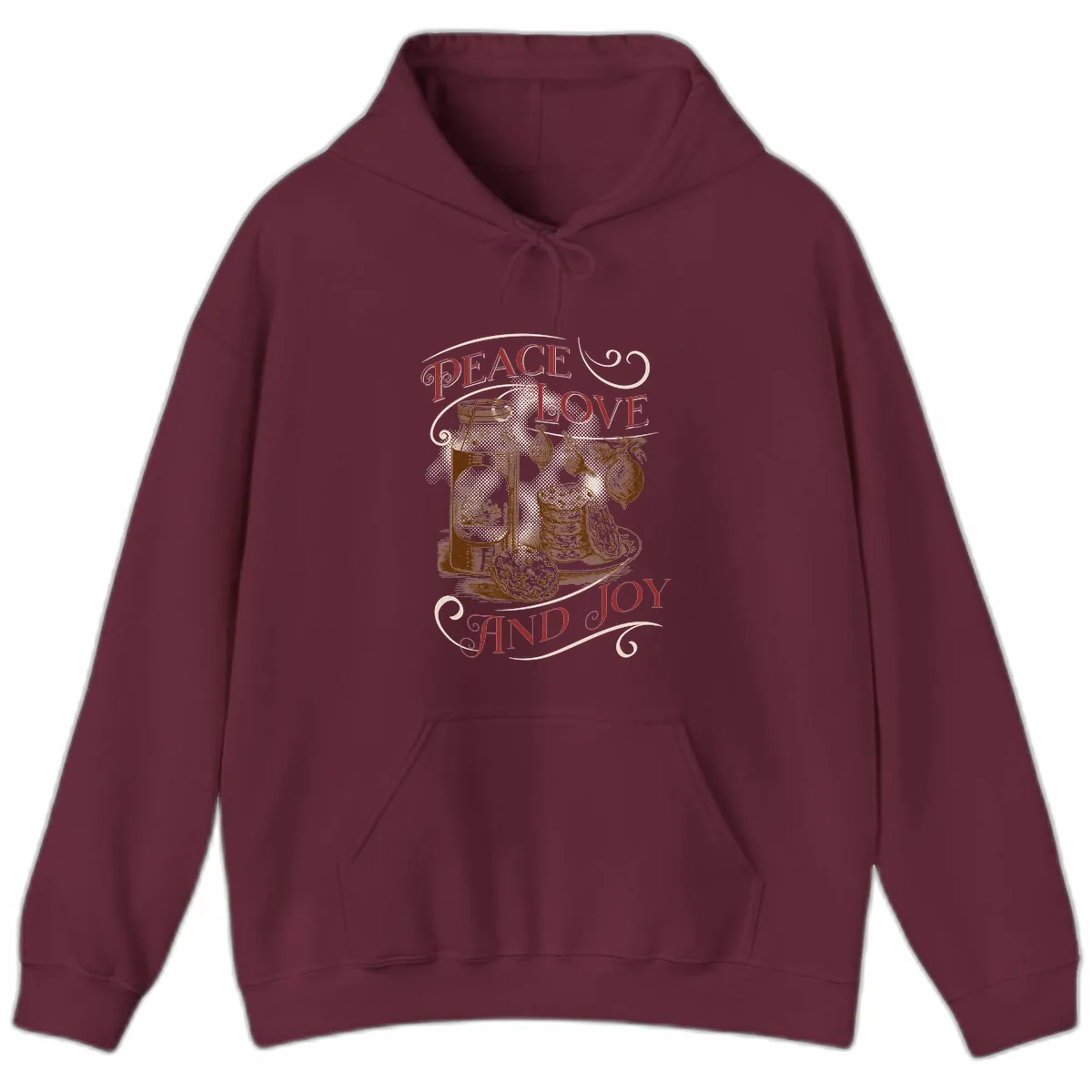 Peace Love And Joy Christmas Typography Hoodie in Maroon