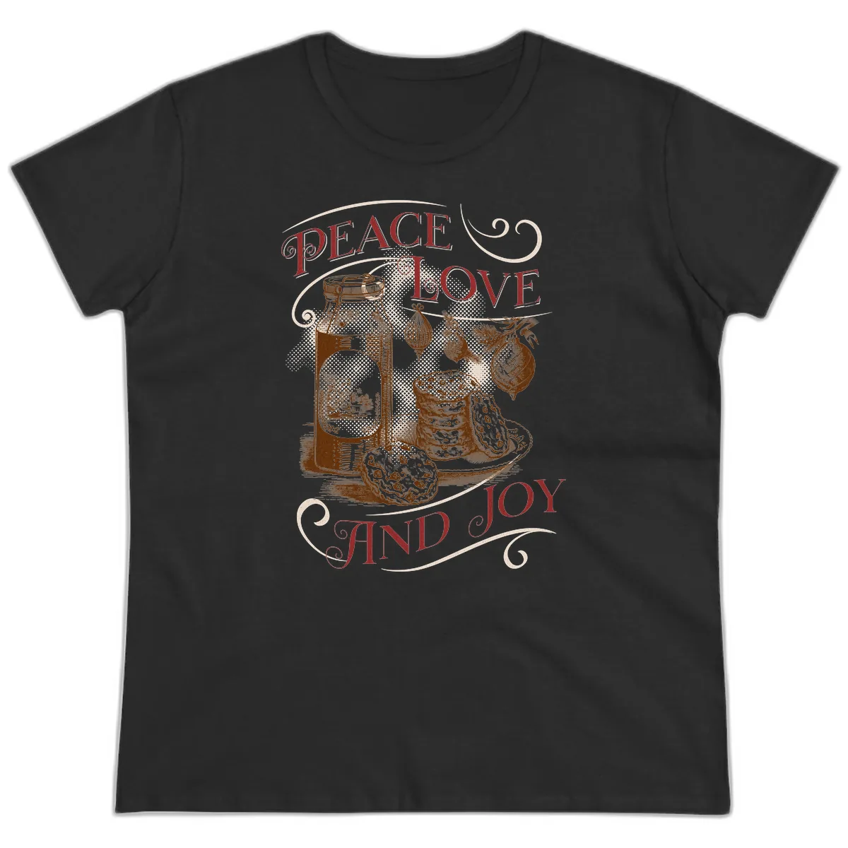 Peace Love And Joy Christmas Typography Ladies Tee in Black