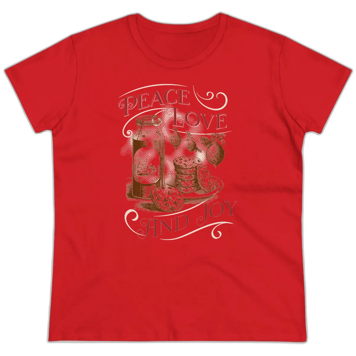 Peace Love And Joy Christmas Typography Ladies Tee in Red