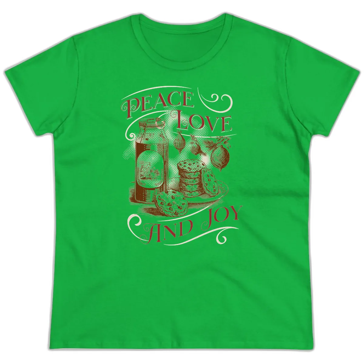 Peace Love And Joy Christmas Typography Ladies Tee in Irish Green