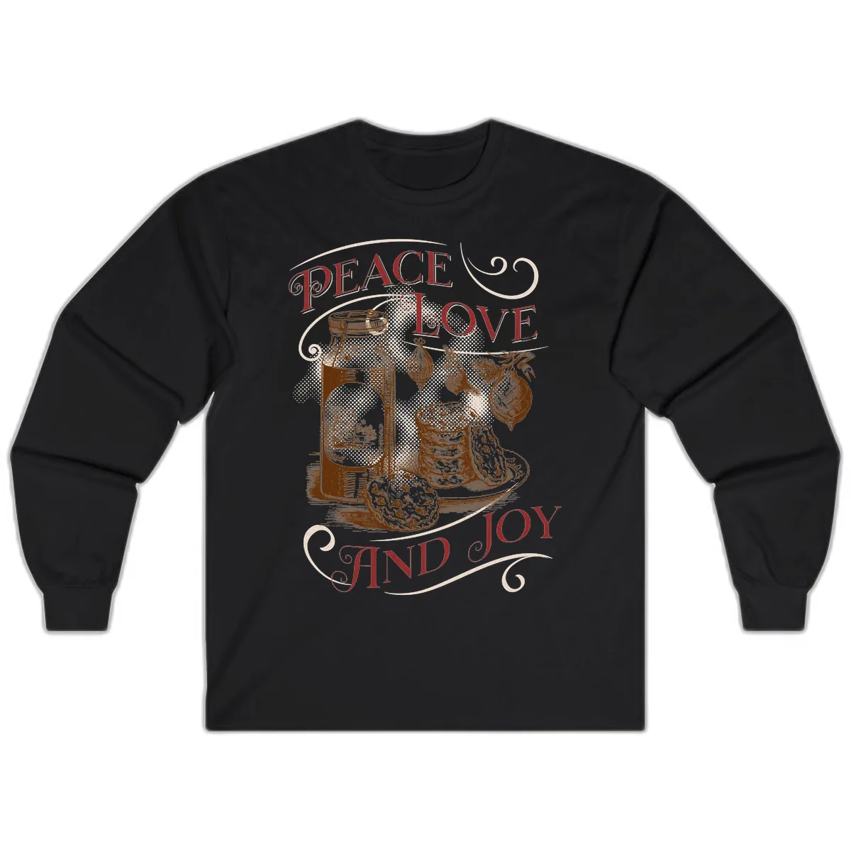 Peace Love And Joy Christmas Typography Long Sleeve in Black