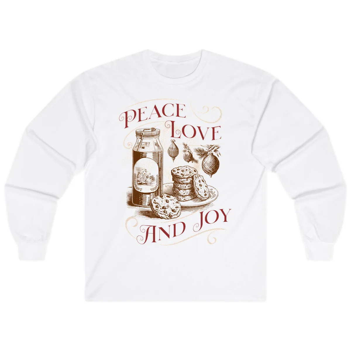 Peace Love And Joy Christmas Typography Long Sleeve in White