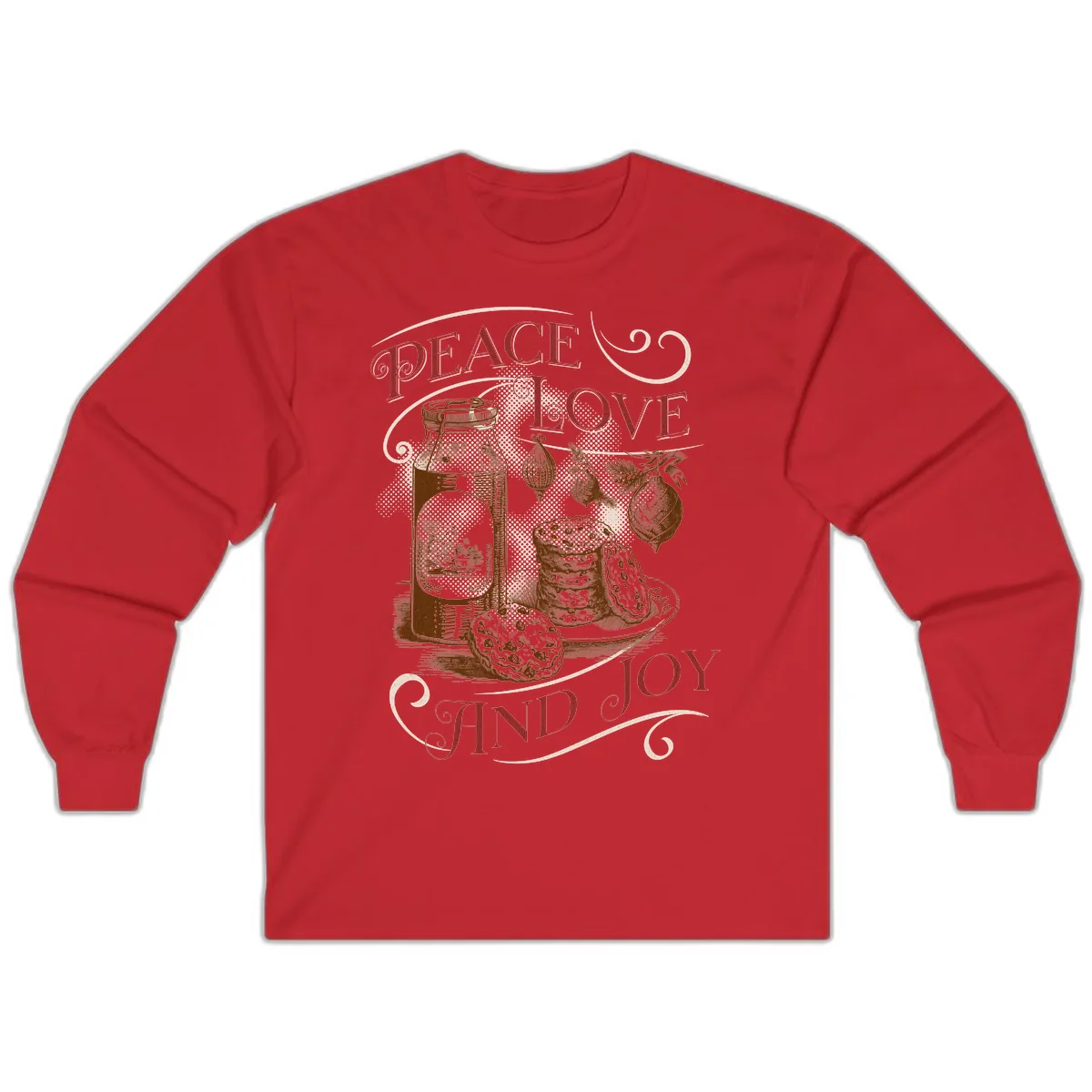 Peace Love And Joy Christmas Typography Long Sleeve in Red
