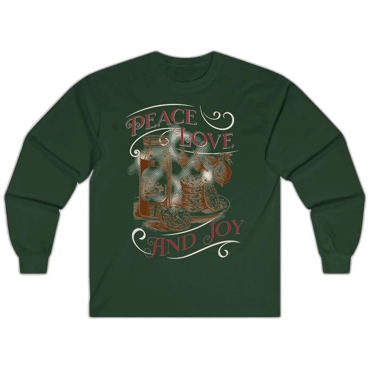 Peace Love And Joy Christmas Typography Long Sleeve in Forest Green