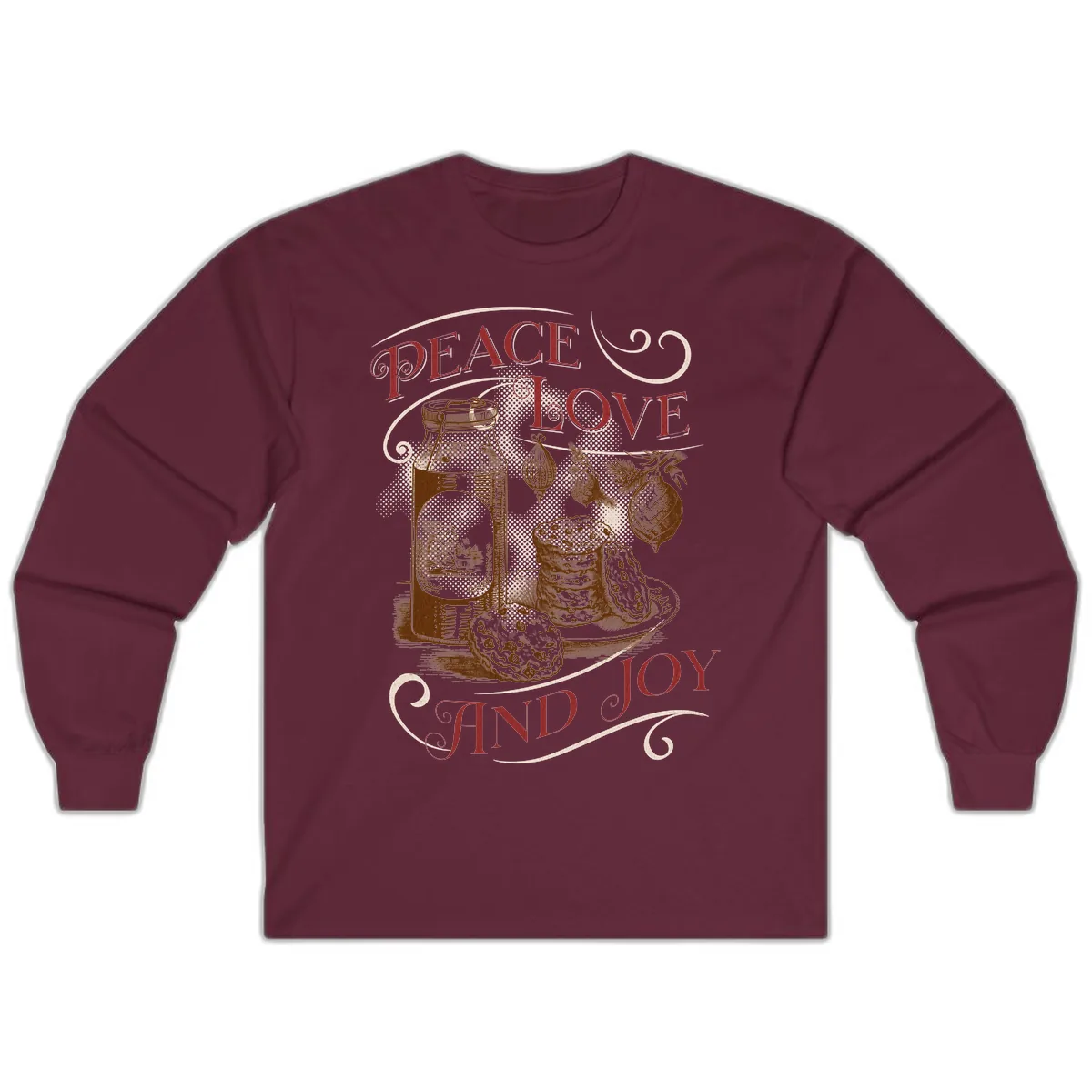 Peace Love And Joy Christmas Typography Long Sleeve in Maroon