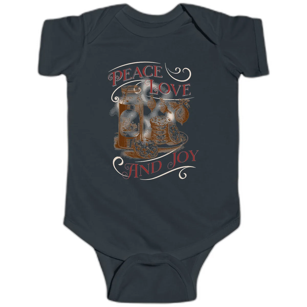 Peace Love And Joy Christmas Typography Baby Onesie in Black