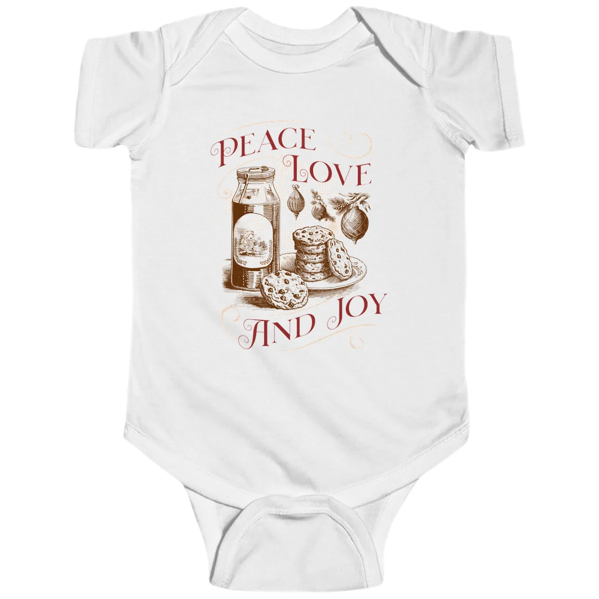 Peace Love And Joy Christmas Typography Baby Onesie in White