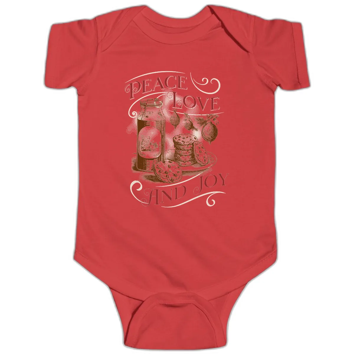 Peace Love And Joy Christmas Typography Baby Onesie in Red