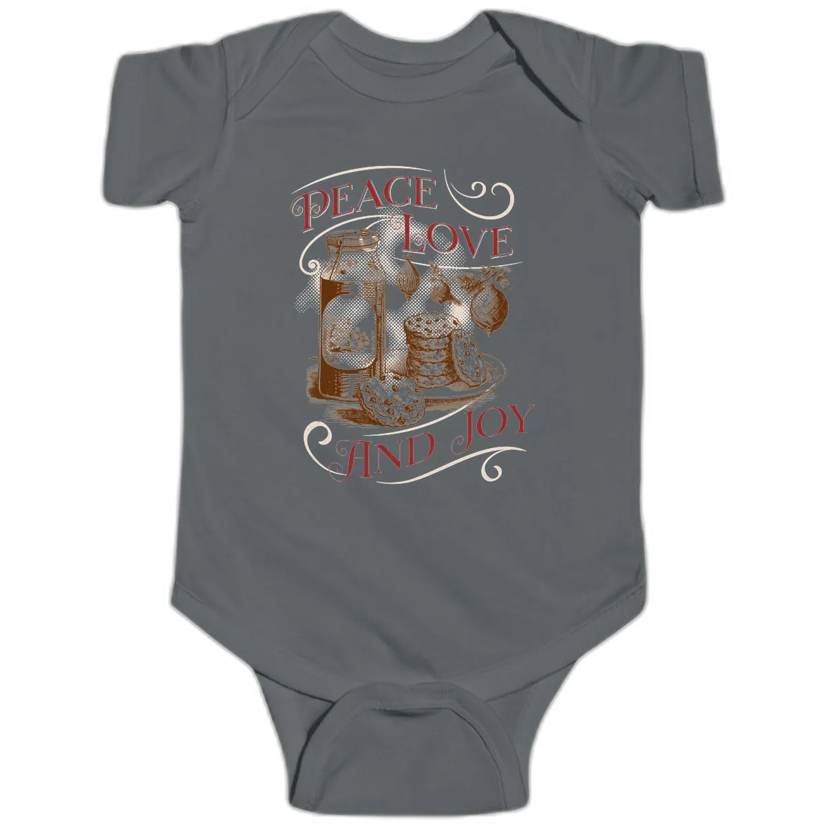 Peace Love And Joy Christmas Typography Baby Onesie in Charcoal