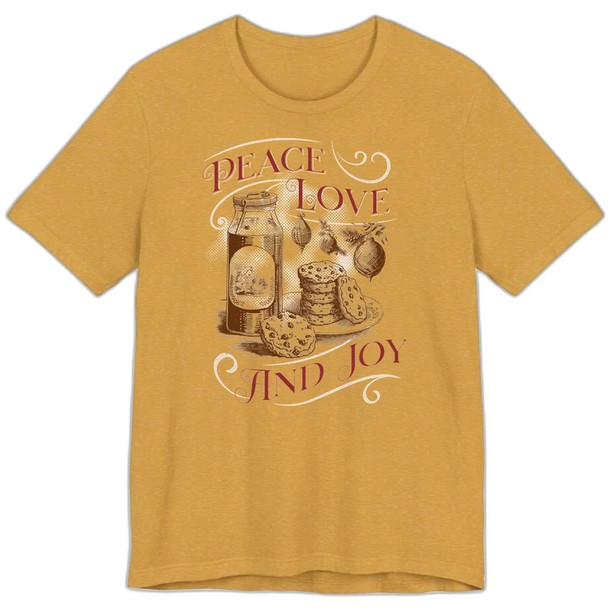 Peace Love And Joy Christmas Typography Premium T-Shirt in Heather Mustard