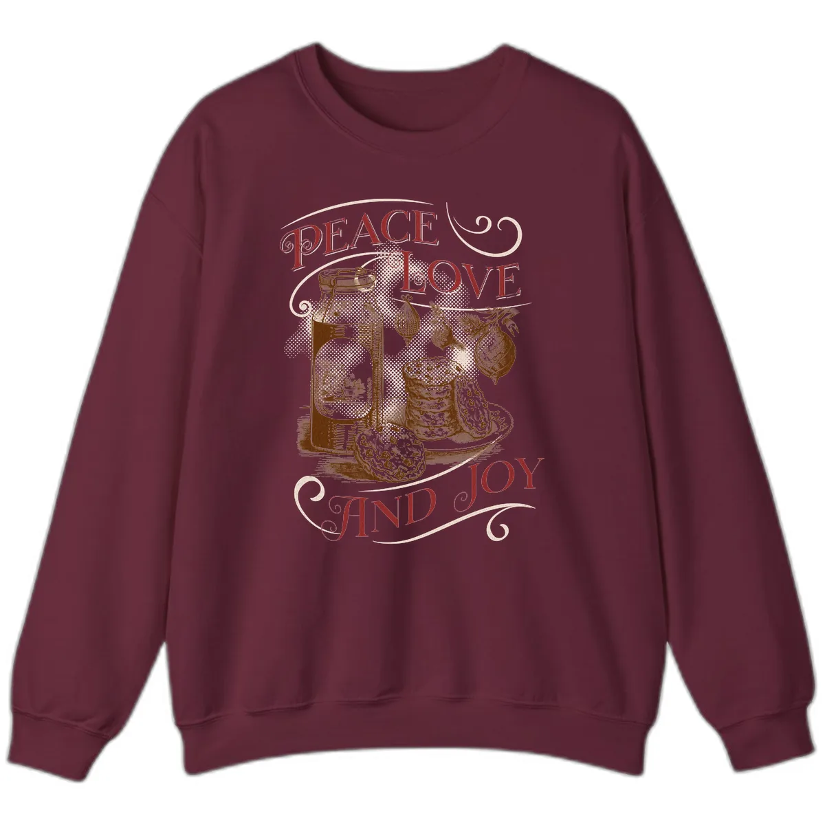 Peace Love And Joy Christmas Typography Sweatshirt in Maroon