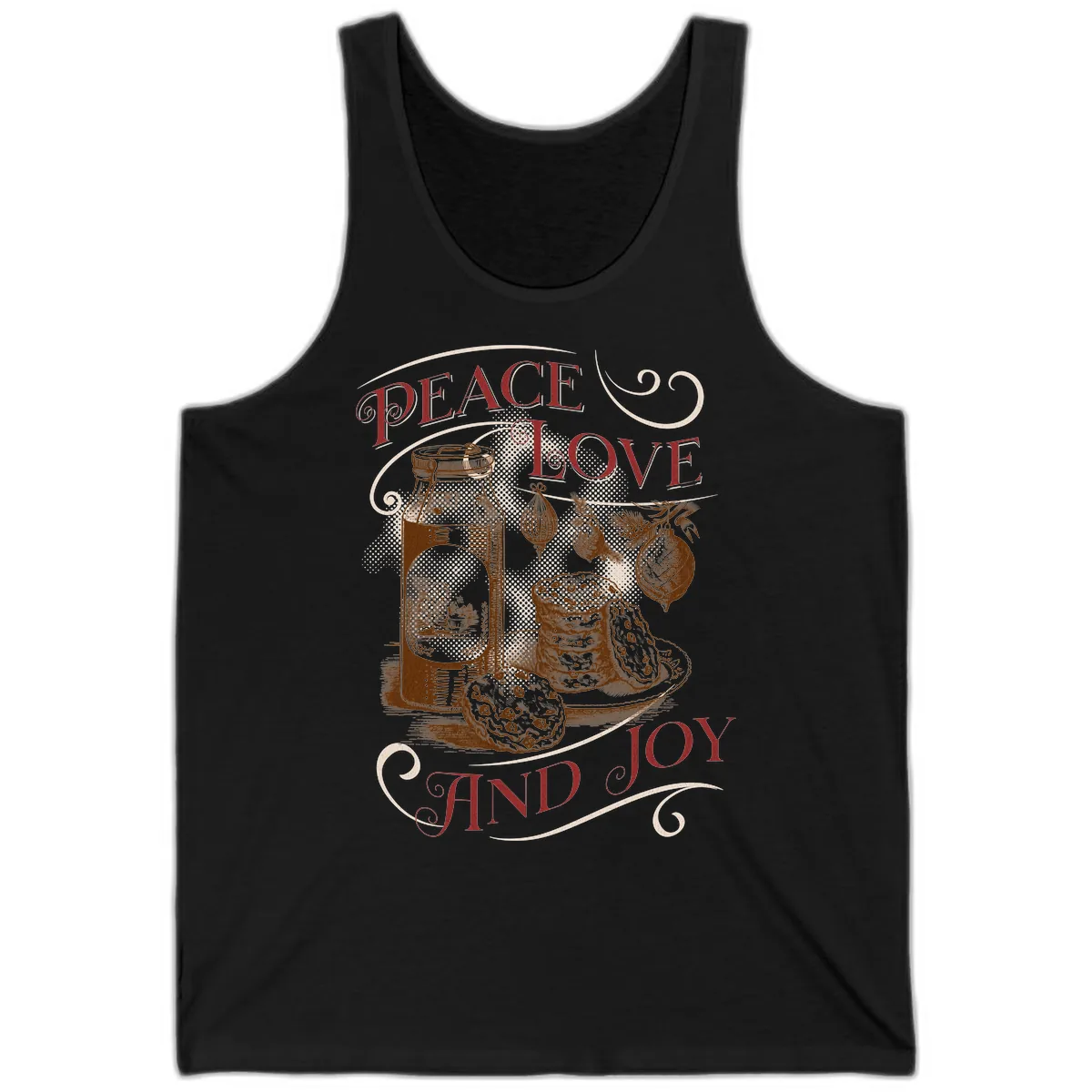 Peace Love And Joy Christmas Typography Tank in Black