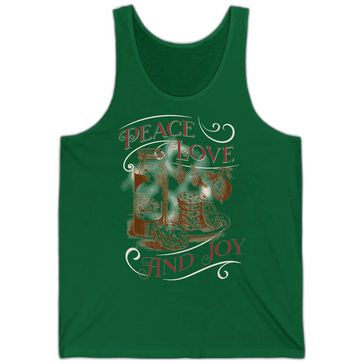 Peace Love And Joy Christmas Typography Tank in Kelly