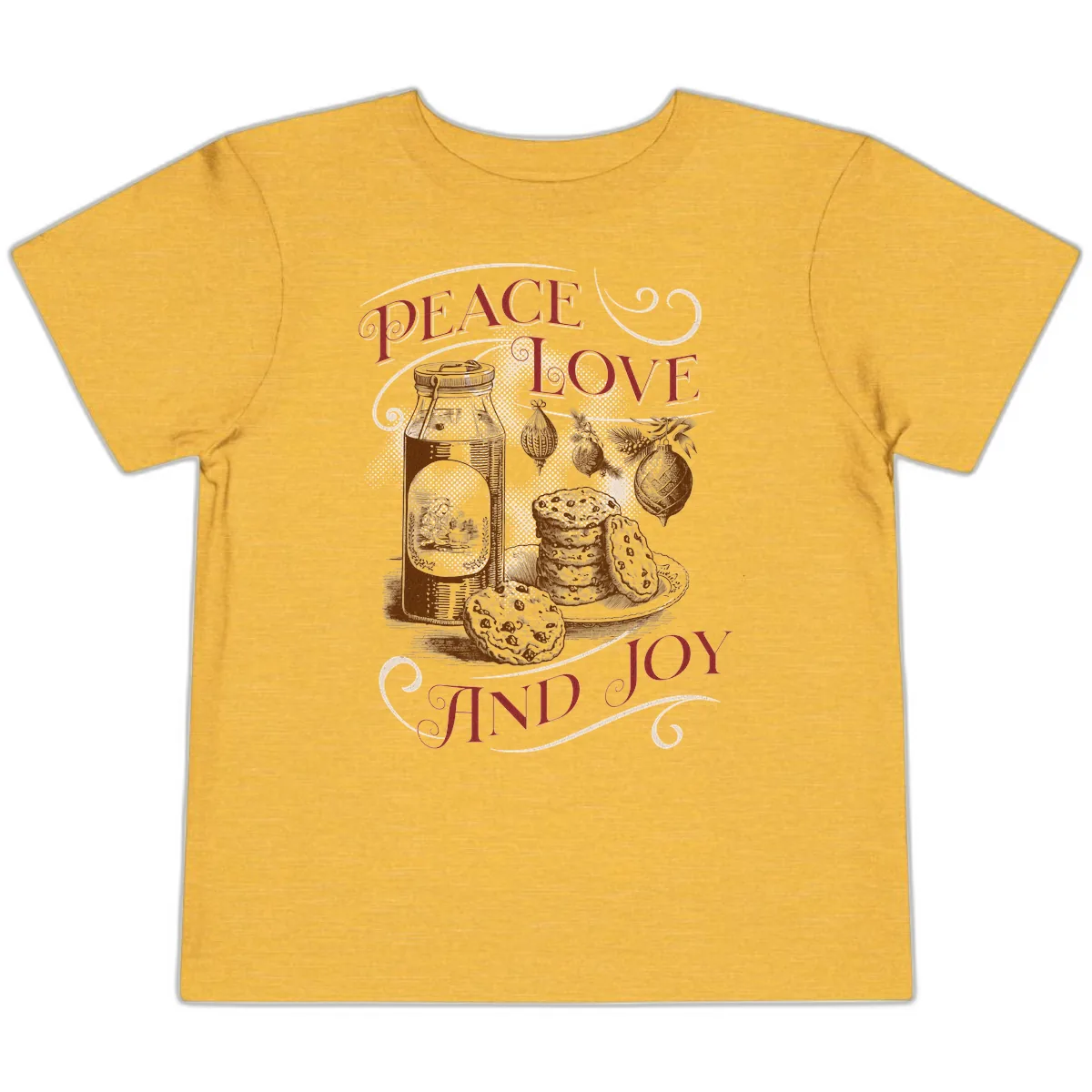 Peace Love And Joy Christmas Typography Toddler T-Shirt in Heather Yellow Gold