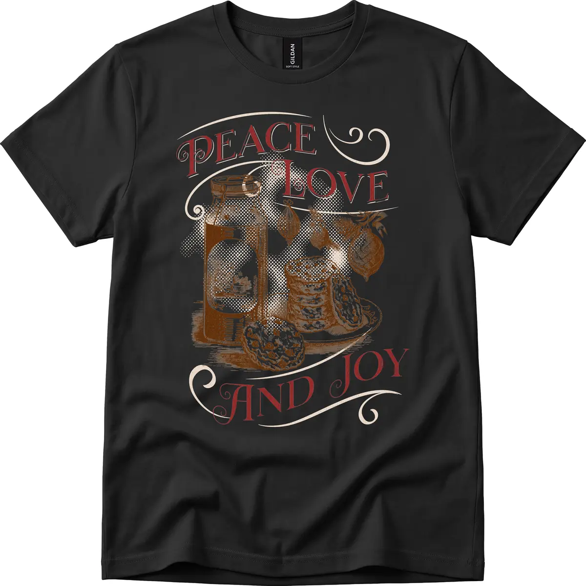 Peace Love And Joy Christmas Typography T-Shirt in Black