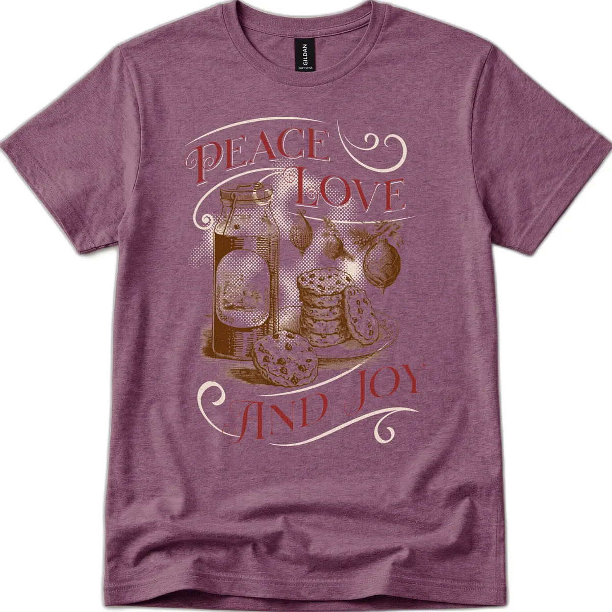 Peace Love And Joy Christmas Typography T-Shirt in Heather Maroon