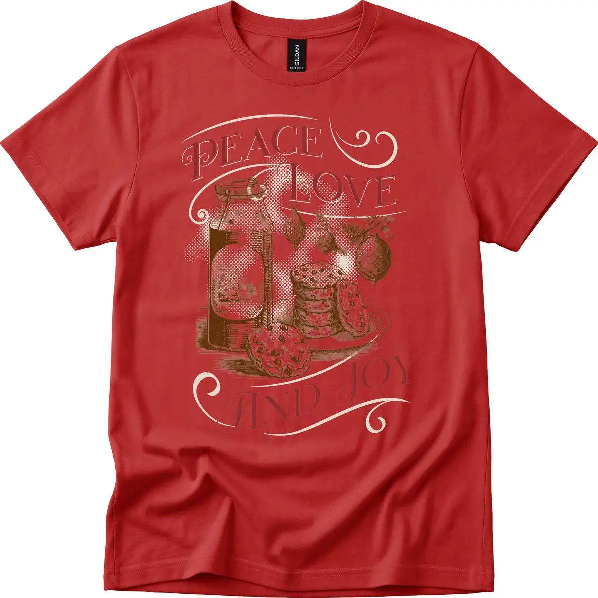 Peace Love And Joy Christmas Typography T-Shirt in Red