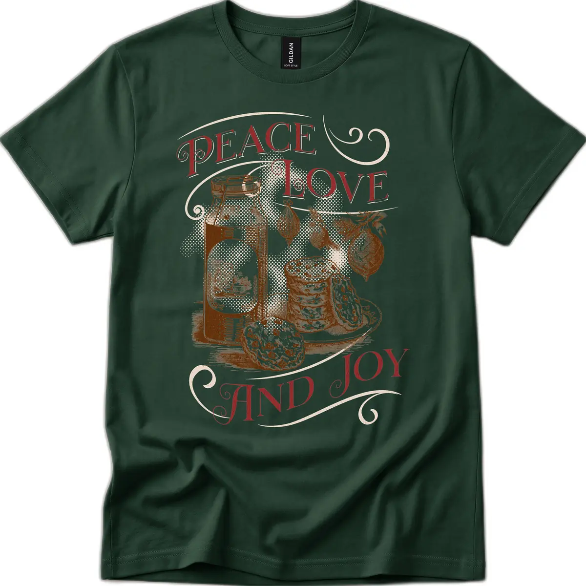 Peace Love And Joy Christmas Typography T-Shirt in Forest Green