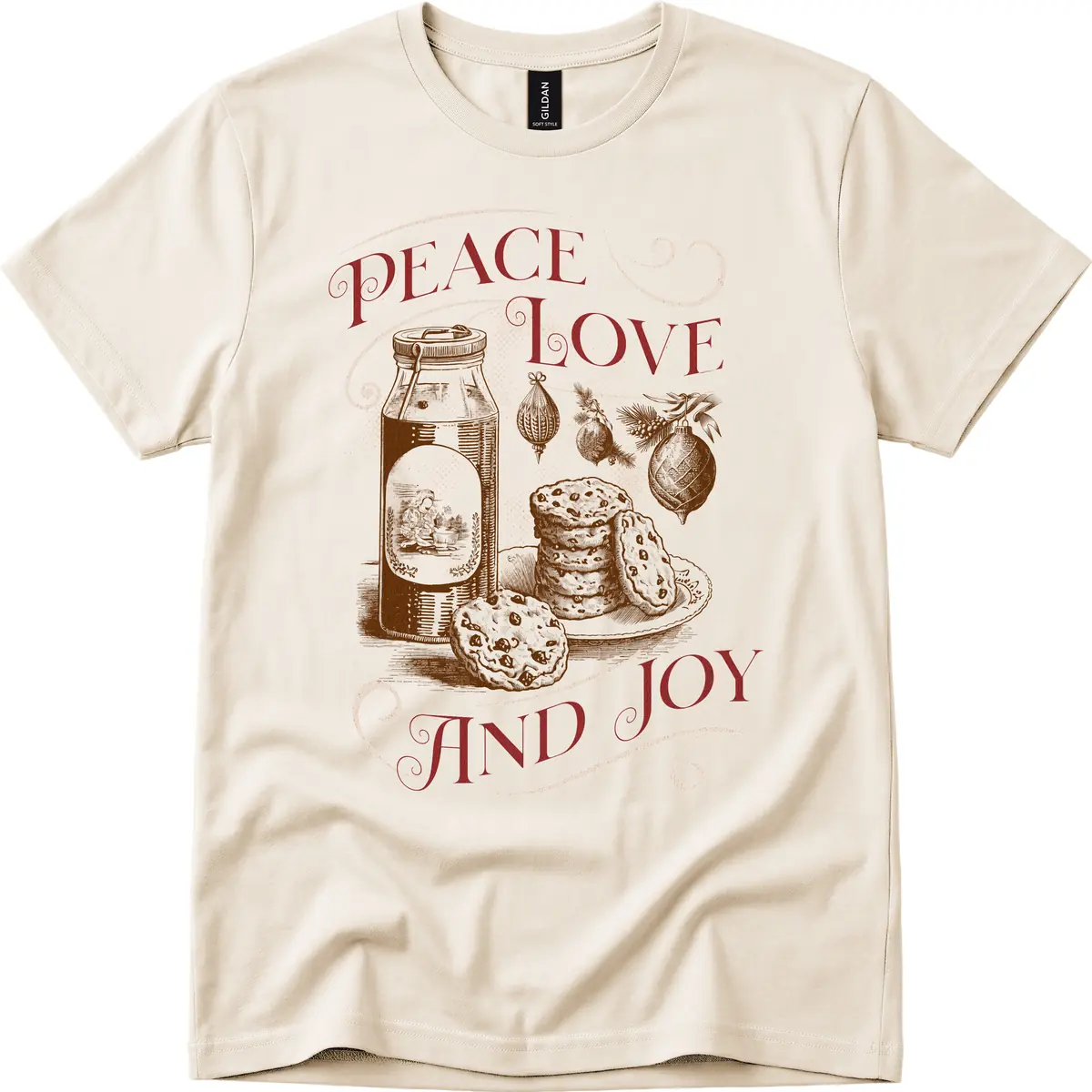 Peace Love And Joy Christmas Typography T-Shirt in Natural
