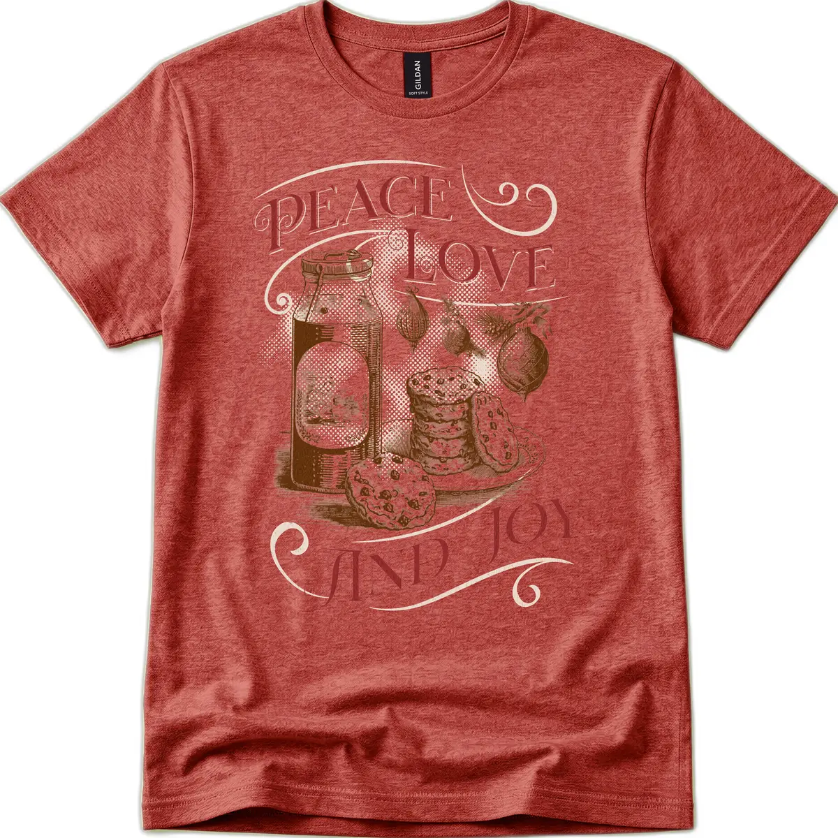 Peace Love And Joy Christmas Typography T-Shirt in Heather Cardinal