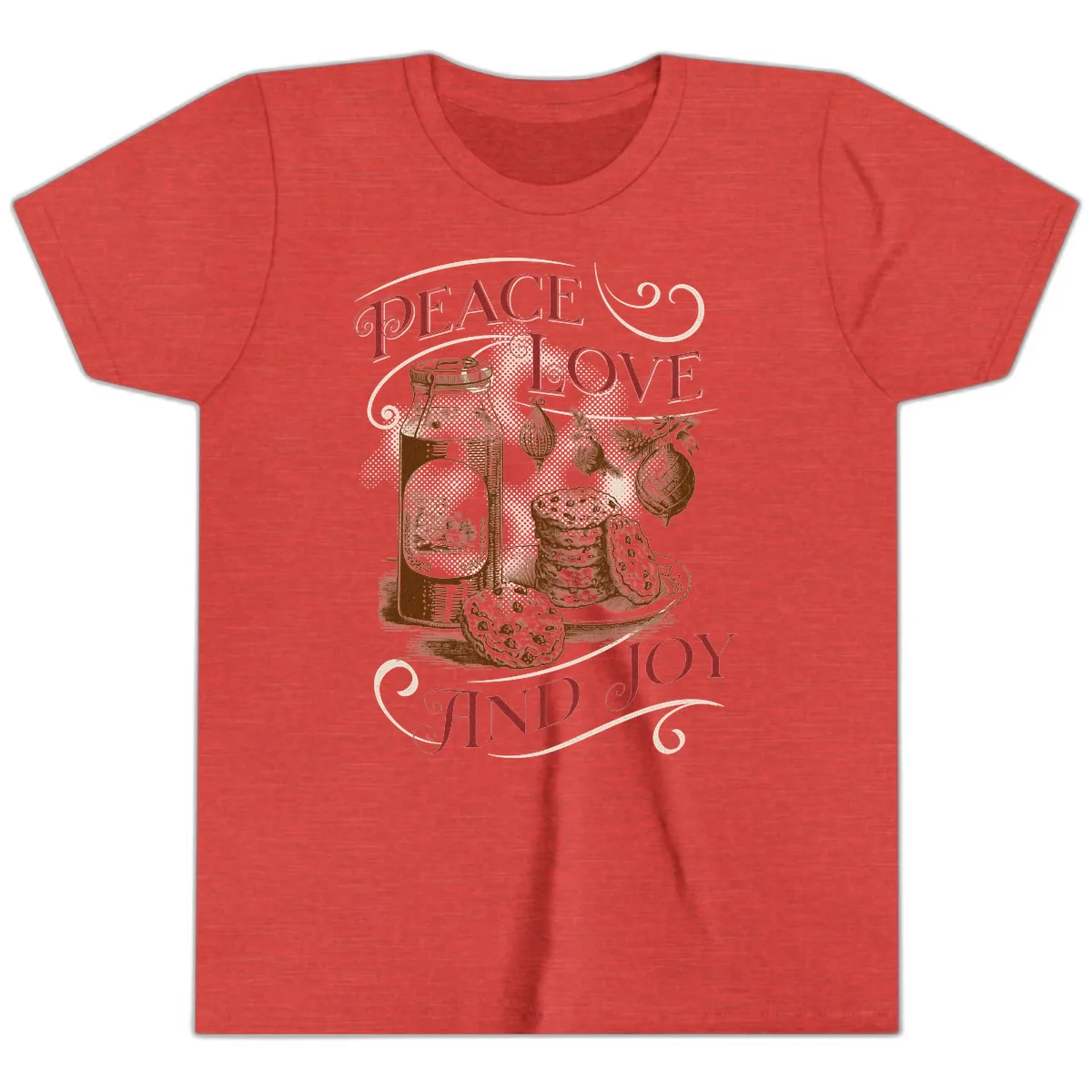 Peace Love And Joy Christmas Typography Youth T-Shirt in Heather Red