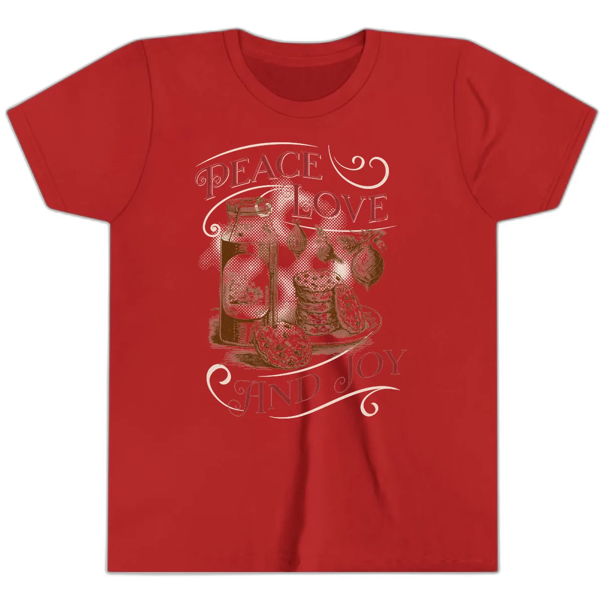 Peace Love And Joy Christmas Typography Youth T-Shirt in Red