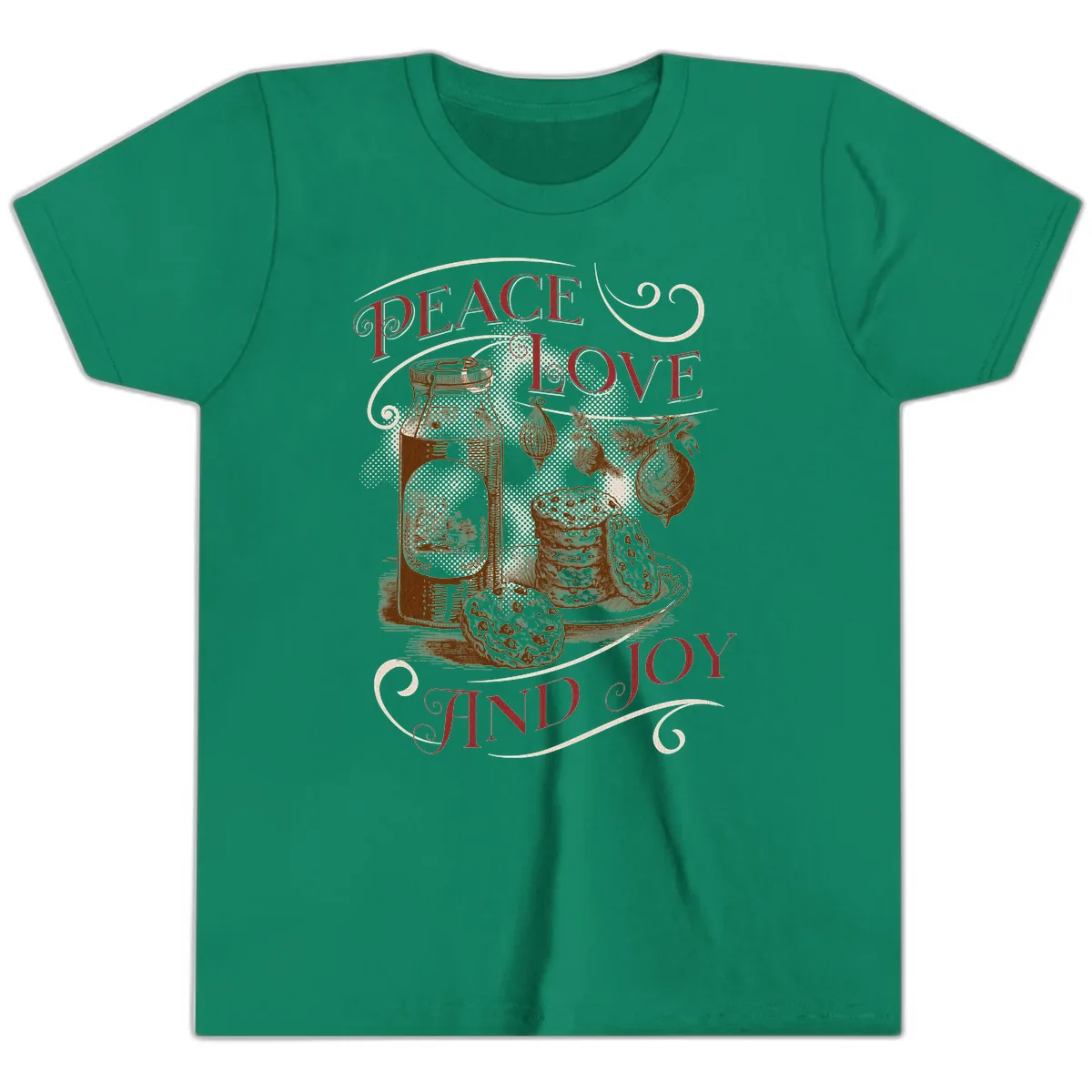 Peace Love And Joy Christmas Typography Youth T-Shirt in Kelly