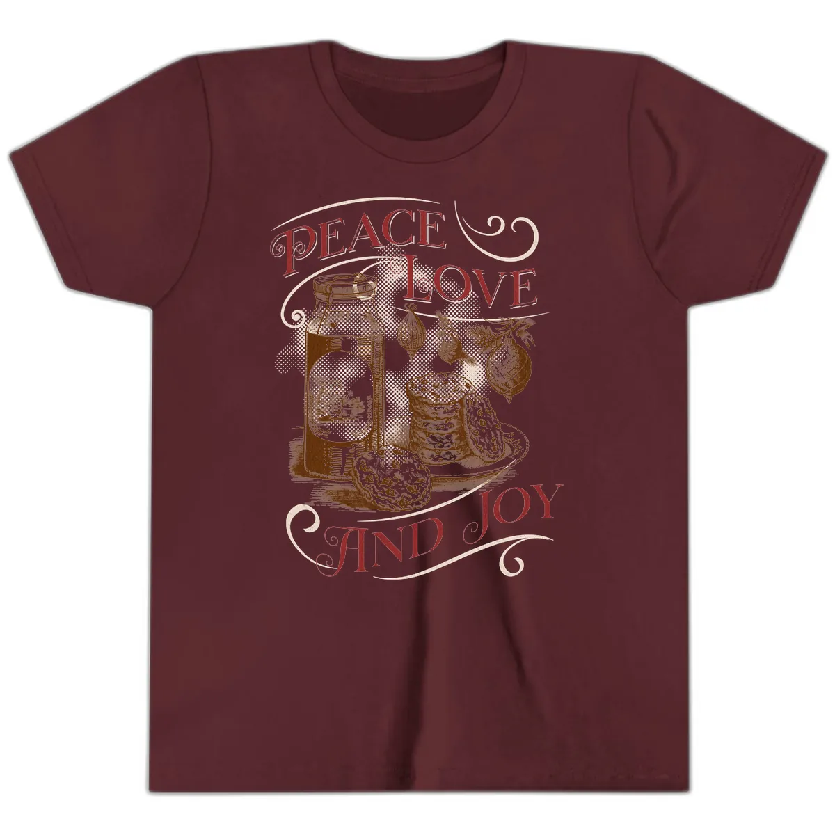 Peace Love And Joy Christmas Typography Youth T-Shirt in Maroon