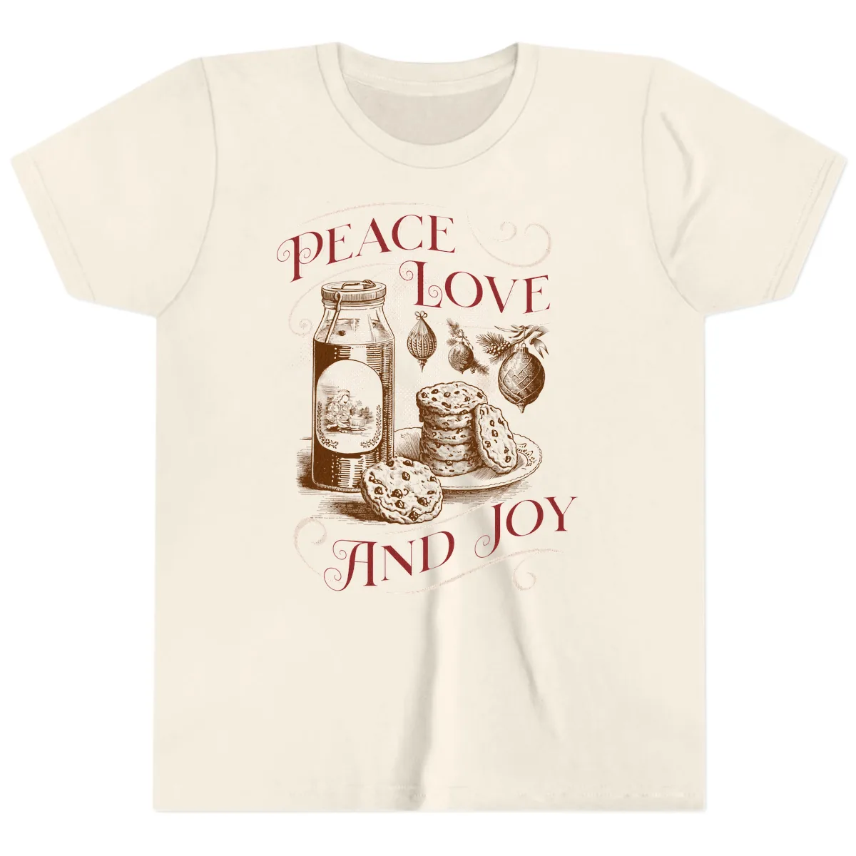 Peace Love And Joy Christmas Typography Youth T-Shirt in Natural