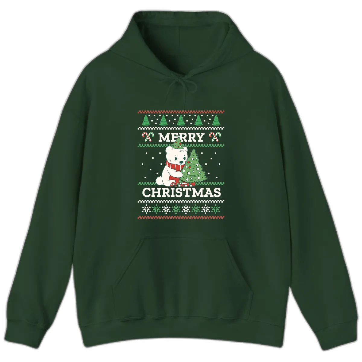 Polar Bear Merry Christmas Sweater Hoodie in Forest Green