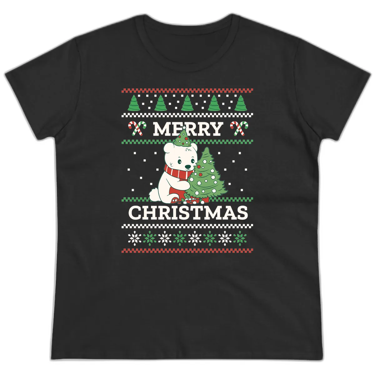 Polar Bear Merry Christmas Sweater Ladies Tee in Black