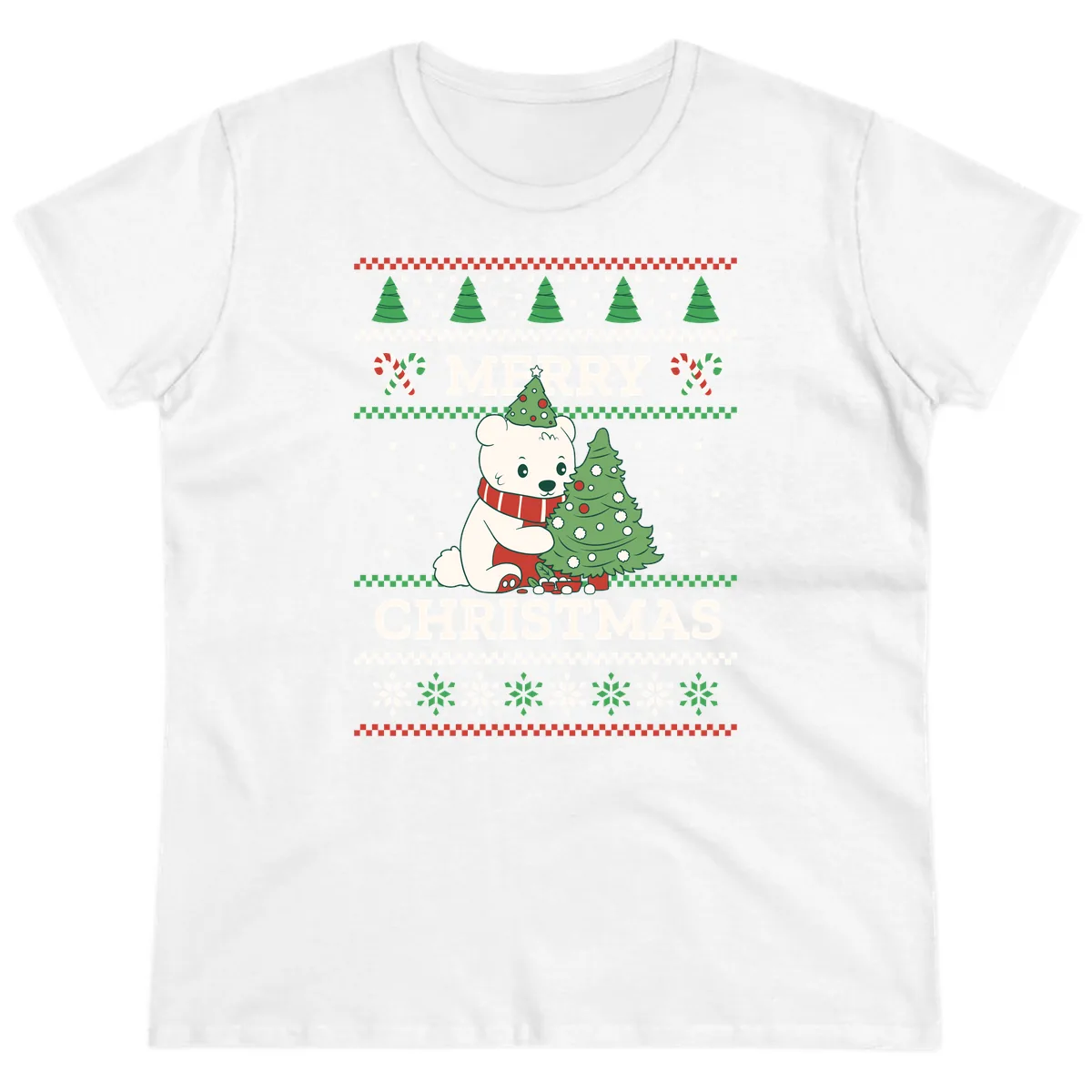 Polar Bear Merry Christmas Sweater Ladies Tee in White