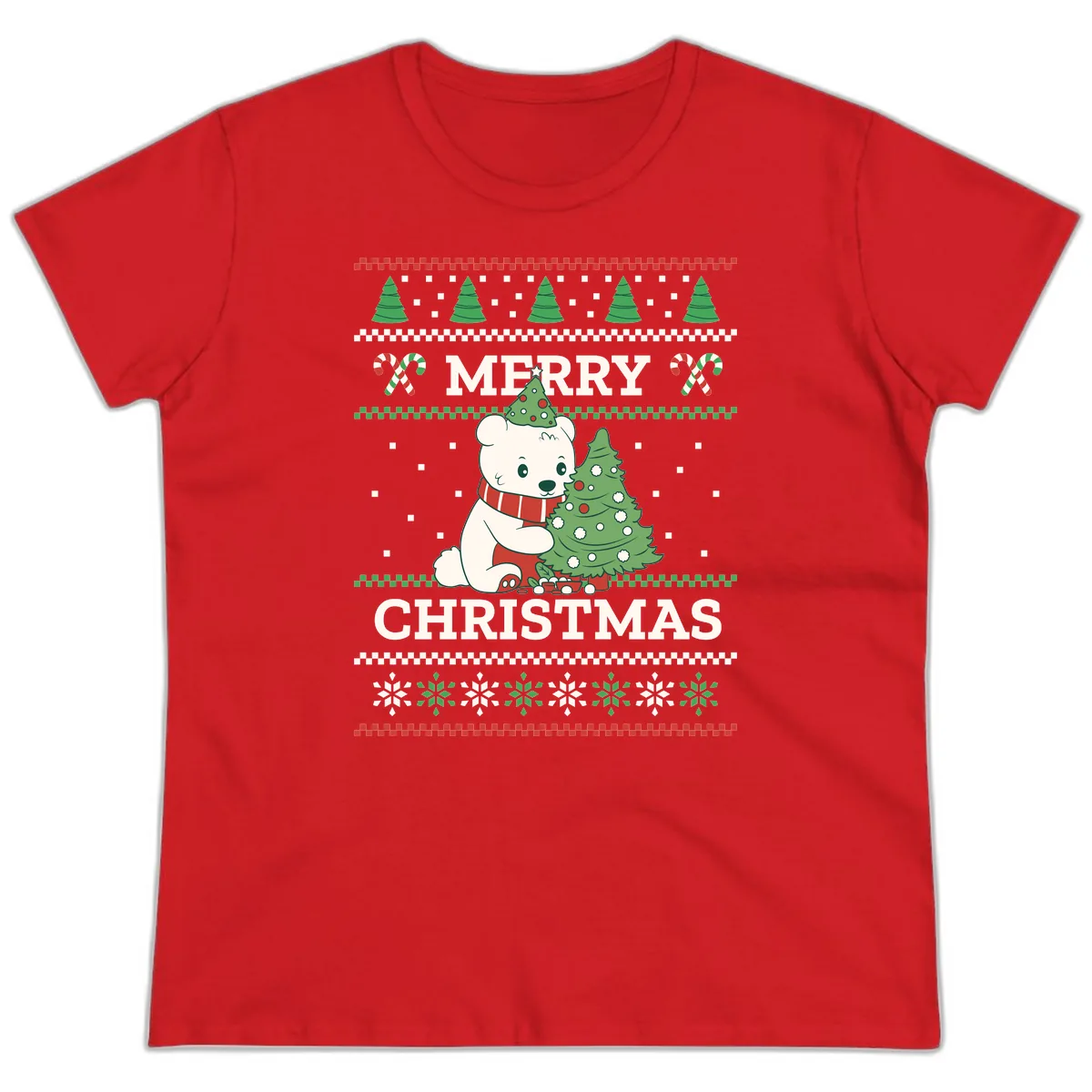 Polar Bear Merry Christmas Sweater Ladies Tee in Red