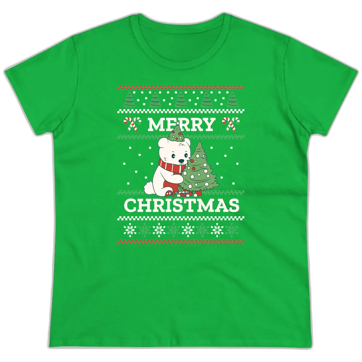 Polar Bear Merry Christmas Sweater Ladies Tee in Irish Green