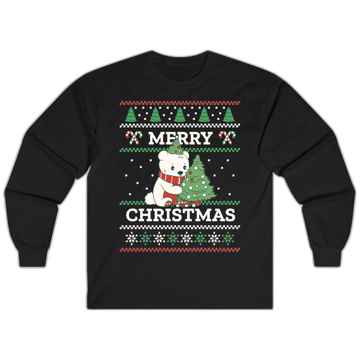 Polar Bear Merry Christmas Sweater Long Sleeve in Black