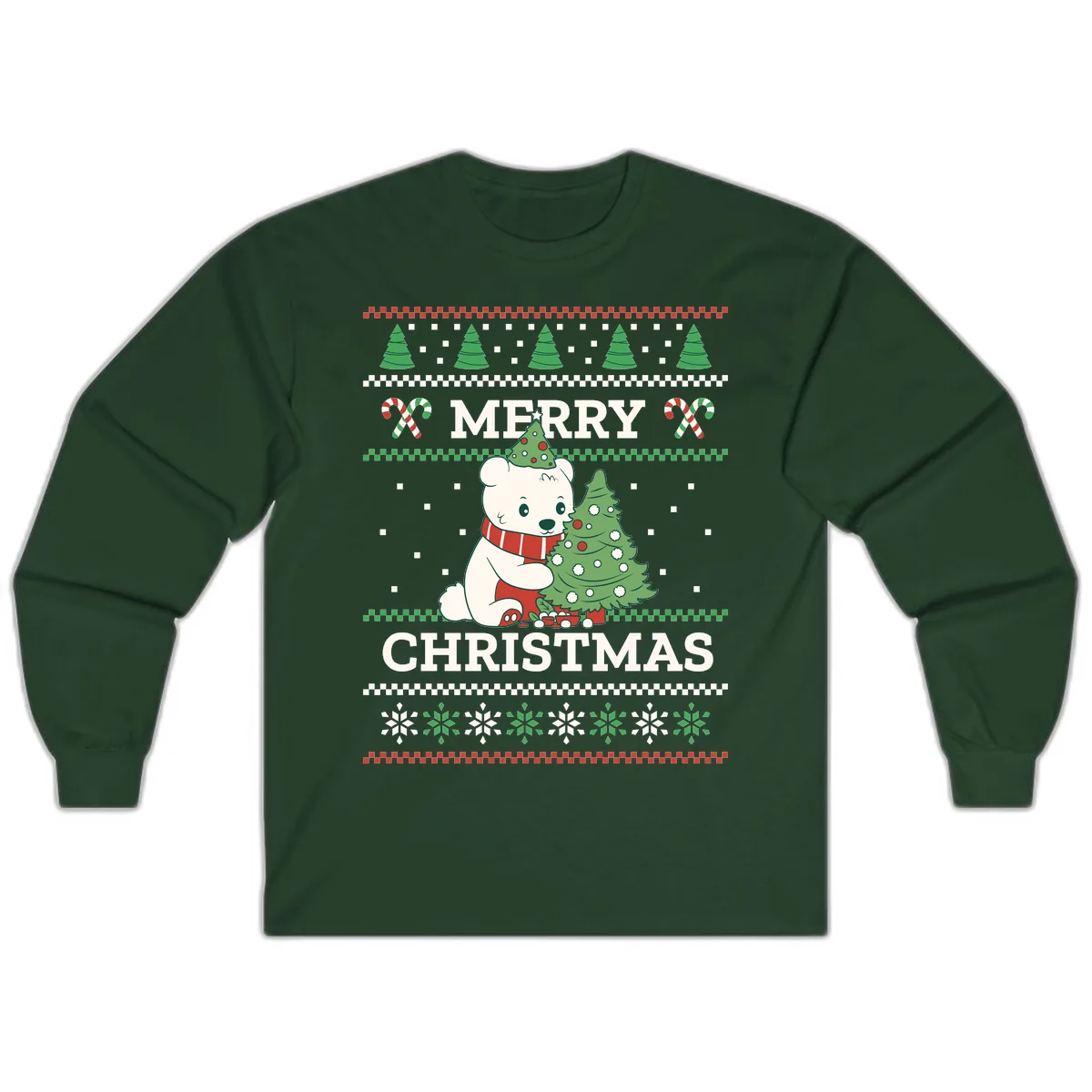 Polar Bear Merry Christmas Sweater Long Sleeve in Forest Green