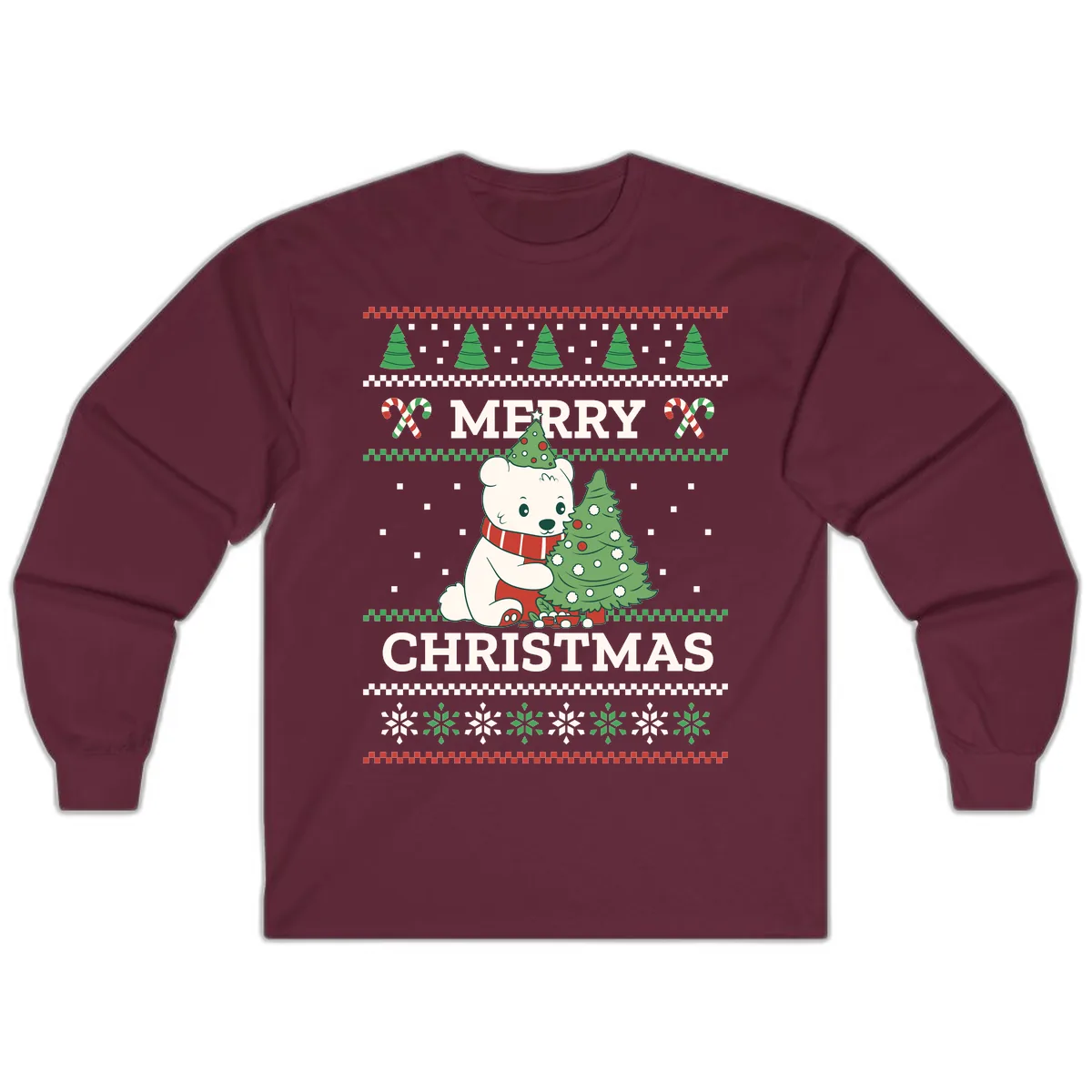 Polar Bear Merry Christmas Sweater Long Sleeve in Maroon
