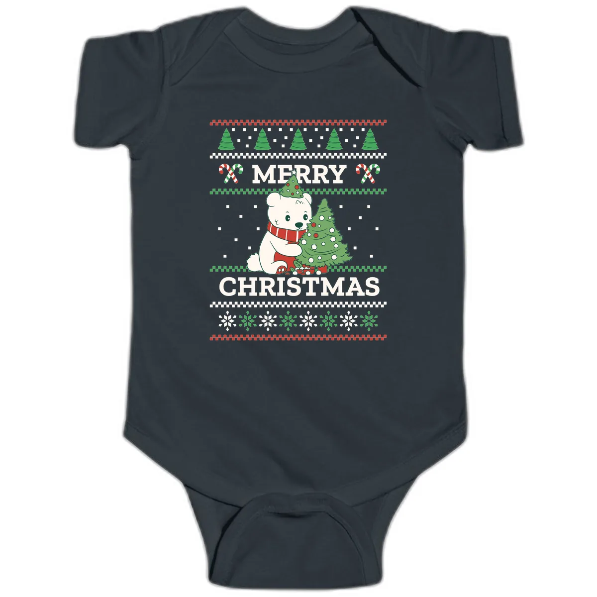 Polar Bear Merry Christmas Sweater Baby Onesie in Black