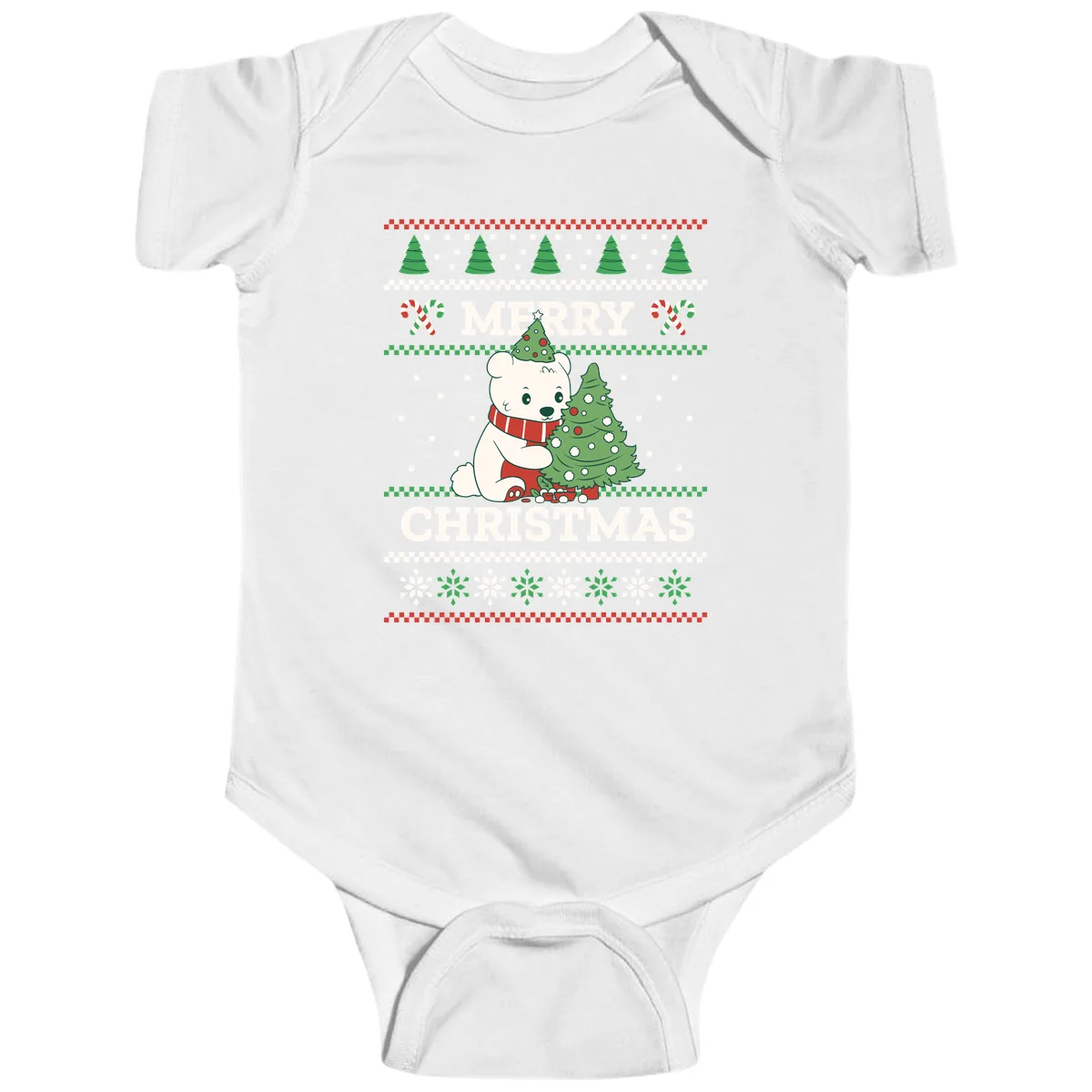 Polar Bear Merry Christmas Sweater Baby Onesie in White