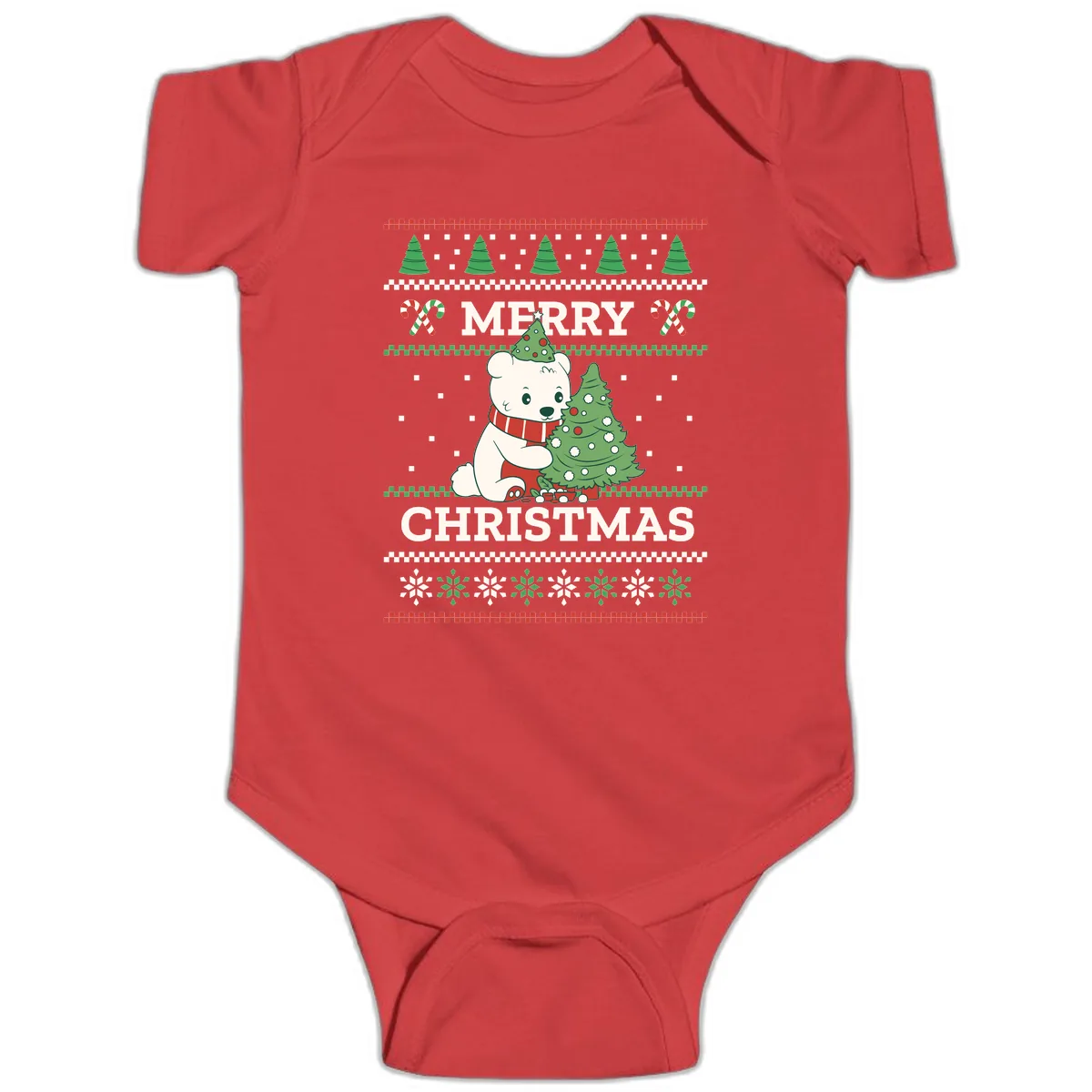Polar Bear Merry Christmas Sweater Baby Onesie in Red