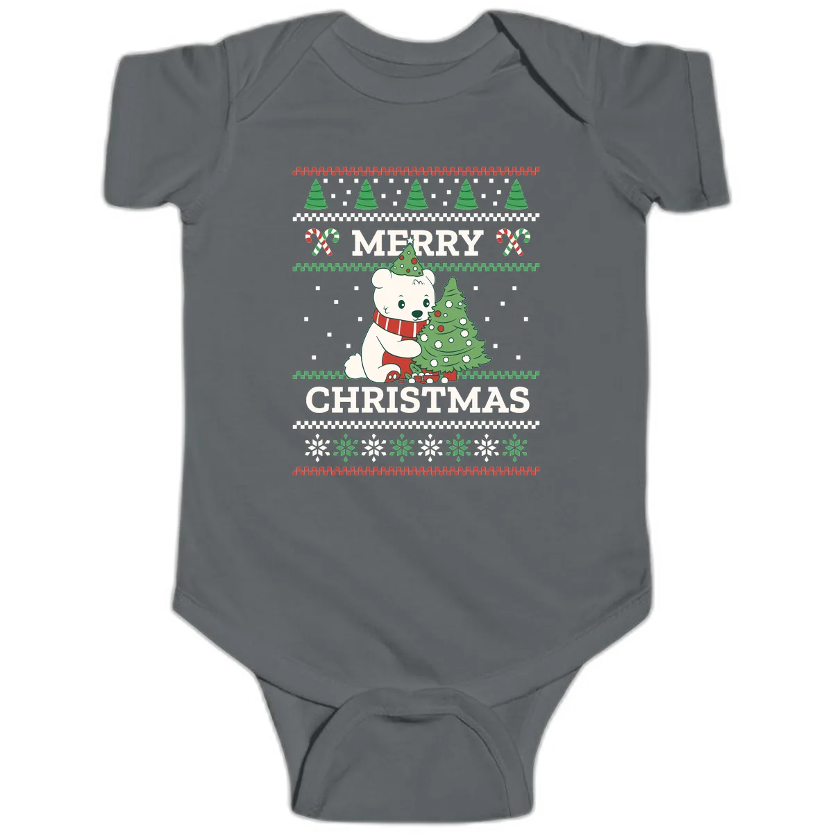 Polar Bear Merry Christmas Sweater Baby Onesie in Charcoal