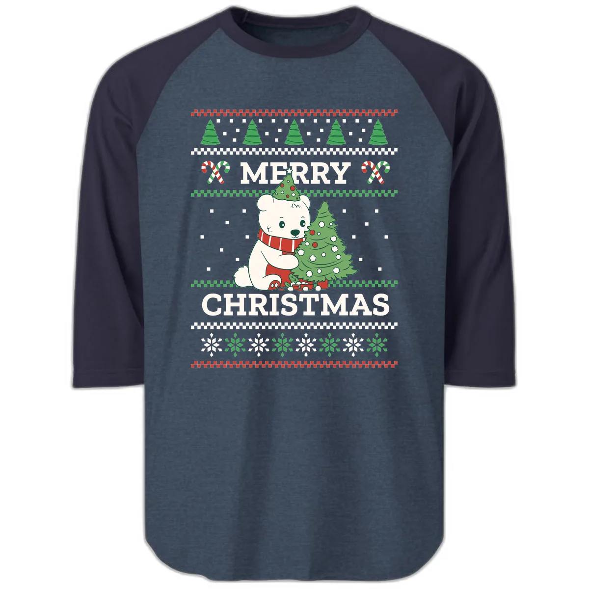 Polar Bear Merry Christmas Sweater Raglan 3/4 in Heather Denim Navy