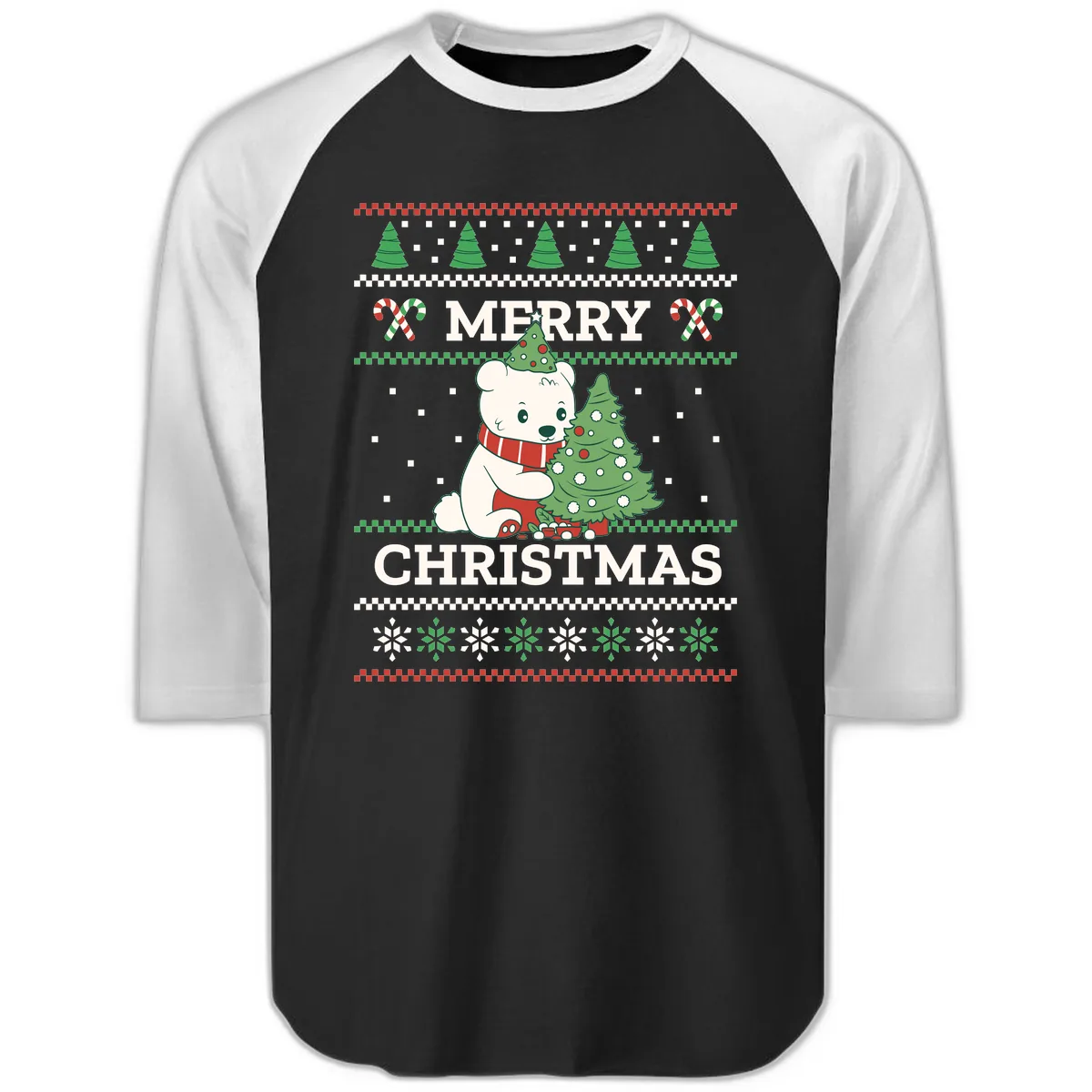 Polar Bear Merry Christmas Sweater Raglan 3/4 in Black White