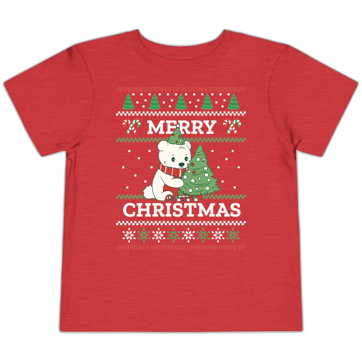 Polar Bear Merry Christmas Sweater Toddler T-Shirt in Heather Red