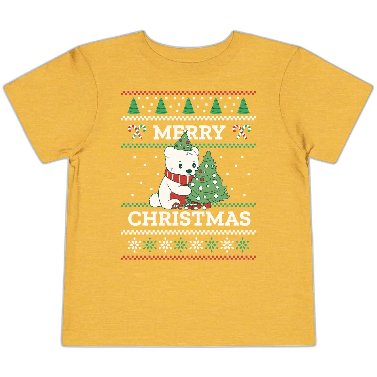 Polar Bear Merry Christmas Sweater Toddler T-Shirt in Heather Yellow Gold