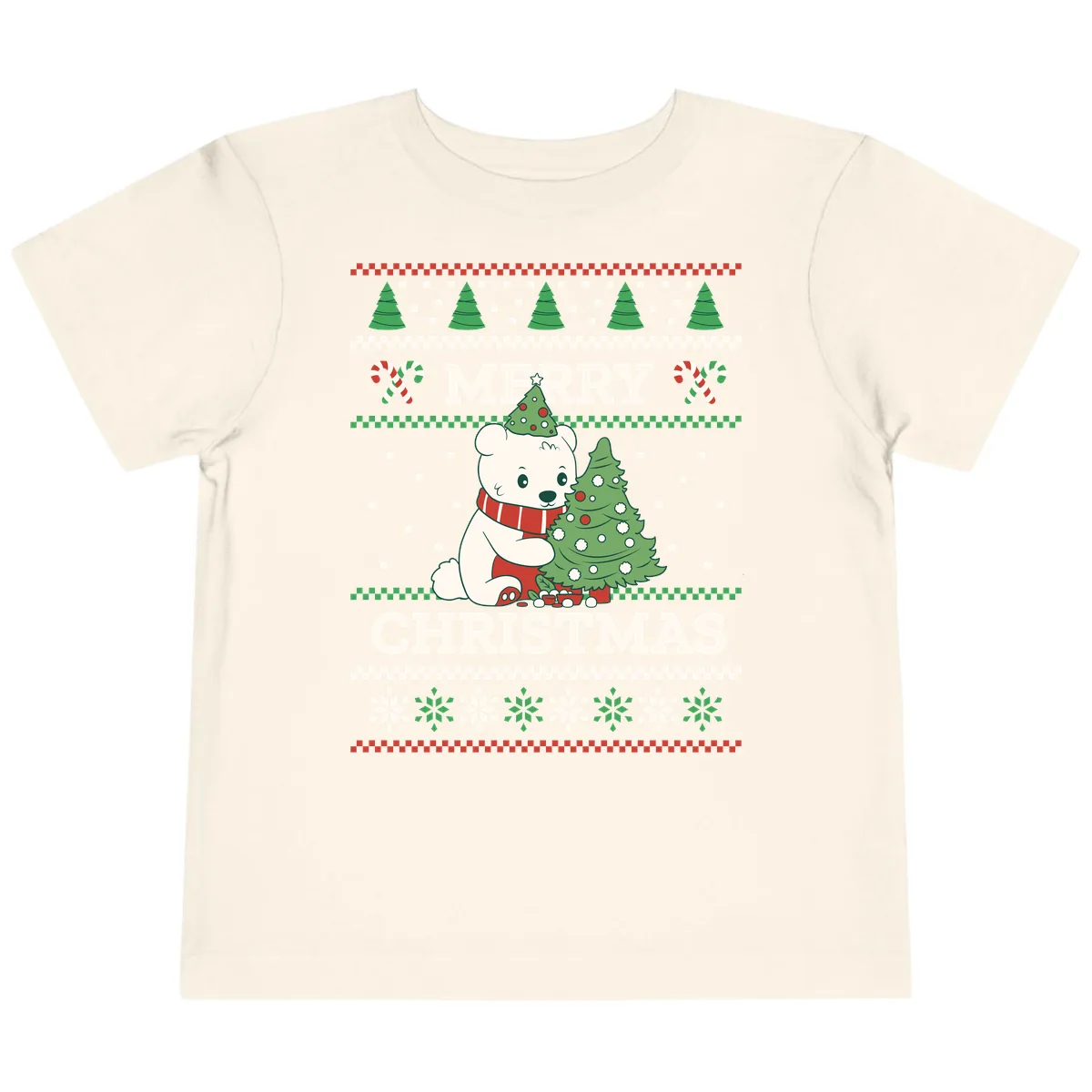 Polar Bear Merry Christmas Sweater Toddler T-Shirt in Natural