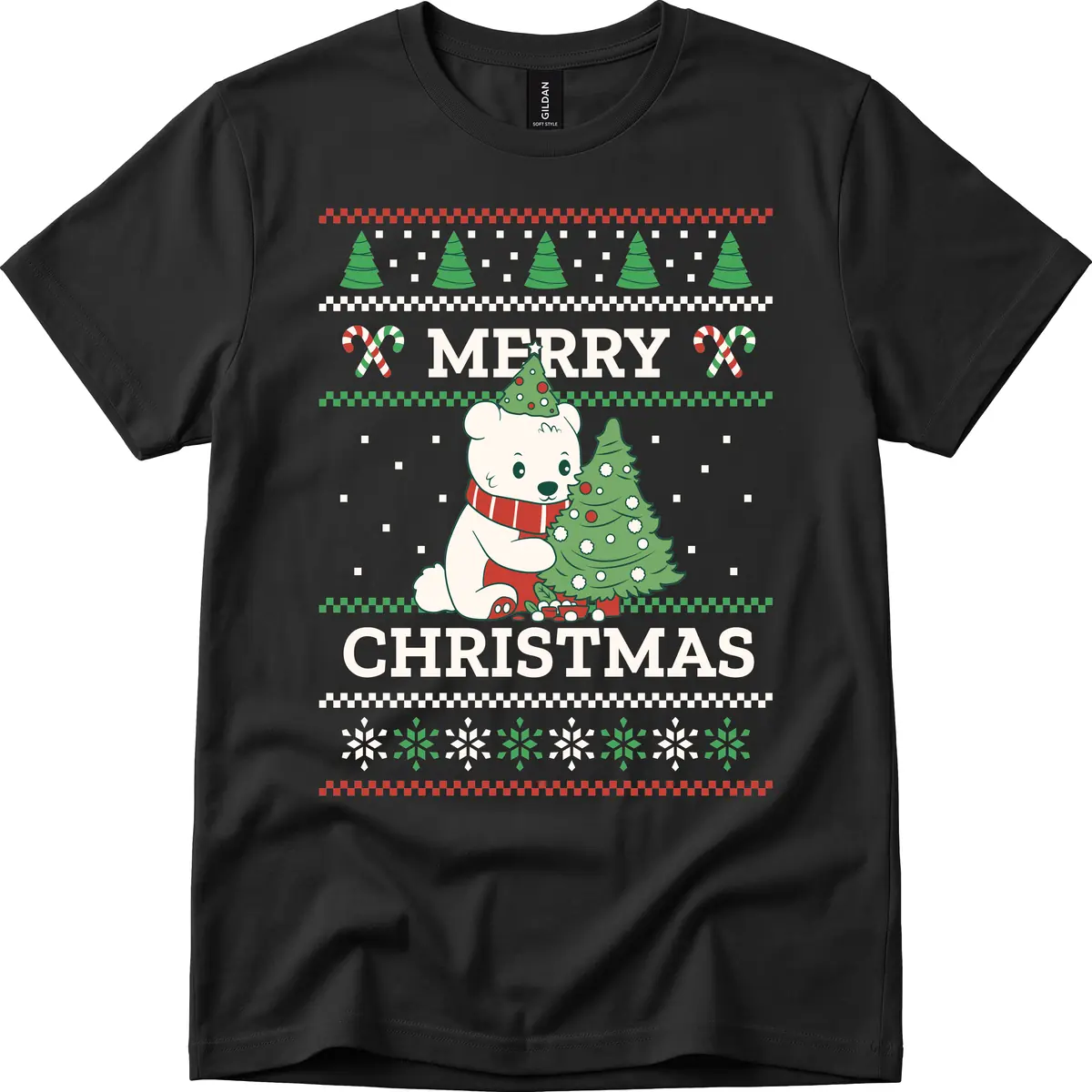 Polar Bear Merry Christmas Sweater T-Shirt in Black